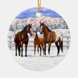 Brown Bay Appaloosa-hästar i Snö Julgransprydnad Keramik