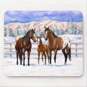 Brown Bay Appaloosa-hästar i Snö Musmatta