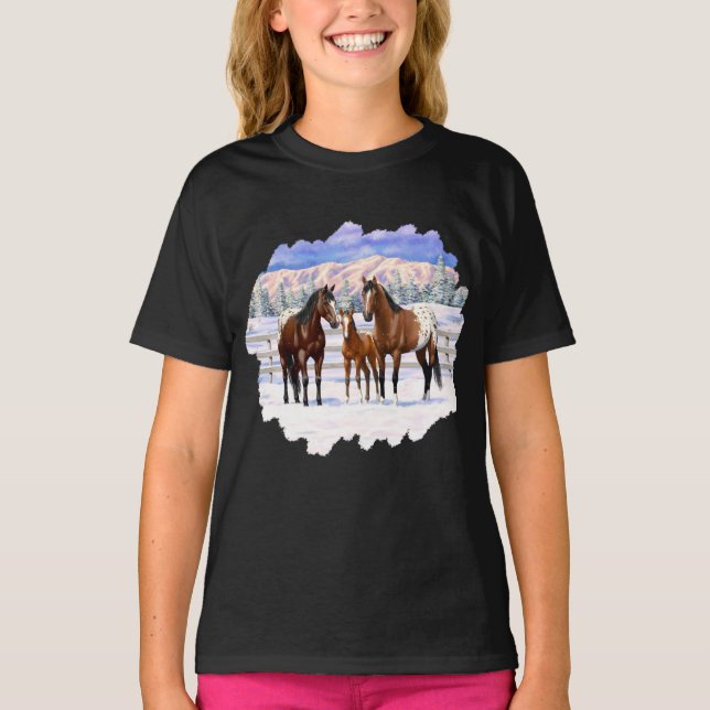 Brown Bay Appaloosa-hästar i Snö T Shirt (Framsida)