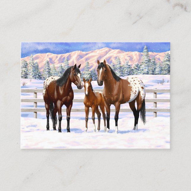Brown Bay Appaloosa-hästar i Snö Visitkort (Framsida)