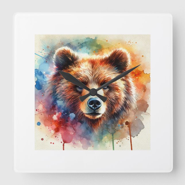 Brown Bear 170624AREF118 - Watercolor Fyrkantig Klocka (Framsida)