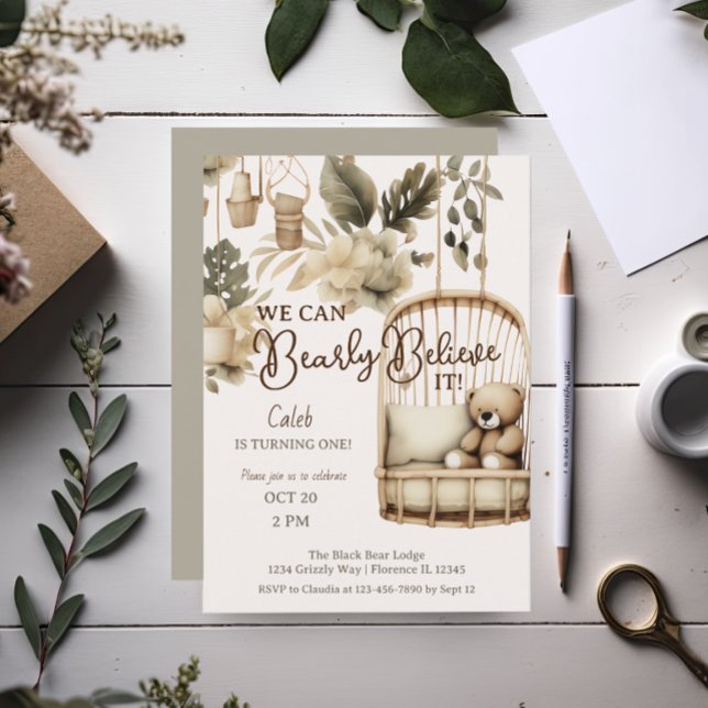 Brown Bear boho botaniskt första födelsedag Inbjudningar (Skapare uppladdad)