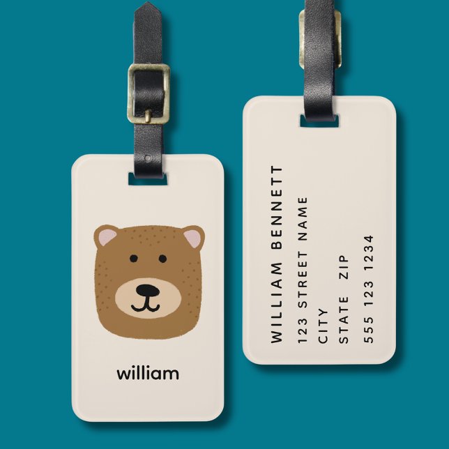Brown Bear namn Bagagebricka (Bear head luggage tag with personalized address and contact details to rear)