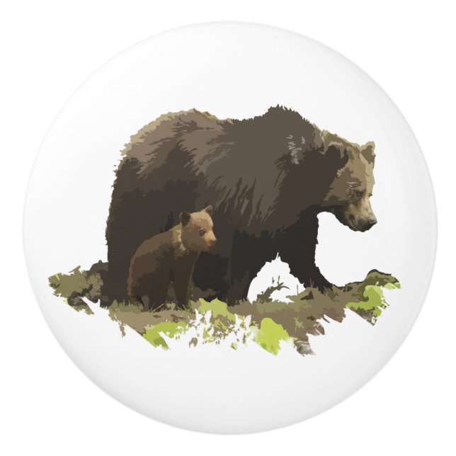 Brown Bear och Unge Wildlife Animal Nature art art Knopp (Framsidan)