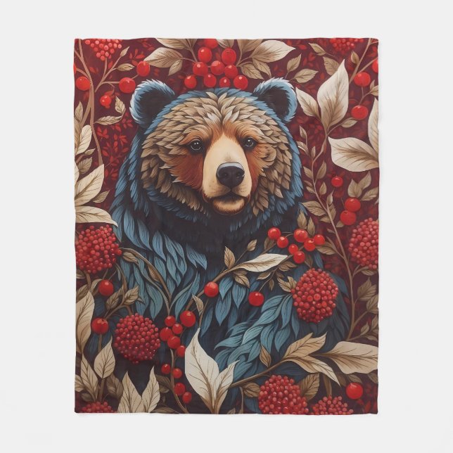 Brown Bear Red Berries William Morris Inspired Fleecefilt (Framsidan)