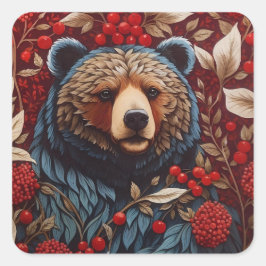 Brown Bear Red Berries William Morris Inspired Fyrkantigt Klistermärke