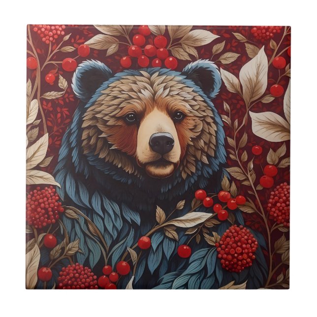 Brown Bear Red Berries William Morris Inspired Kakelplatta (Framsidan)