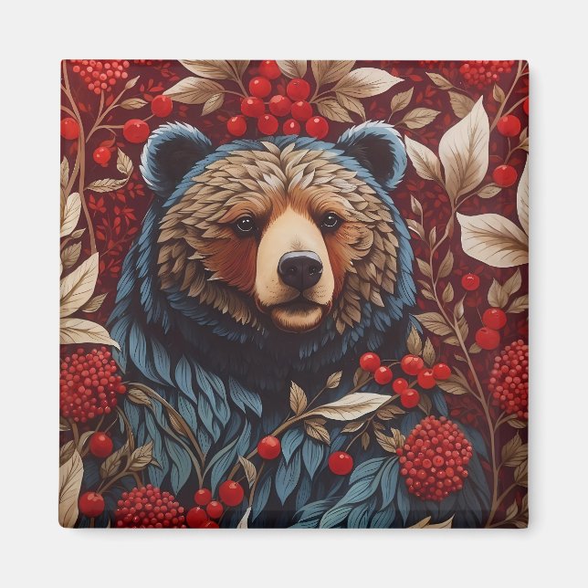 Brown Bear Red Berries William Morris Inspired Magnet (Framsidan)