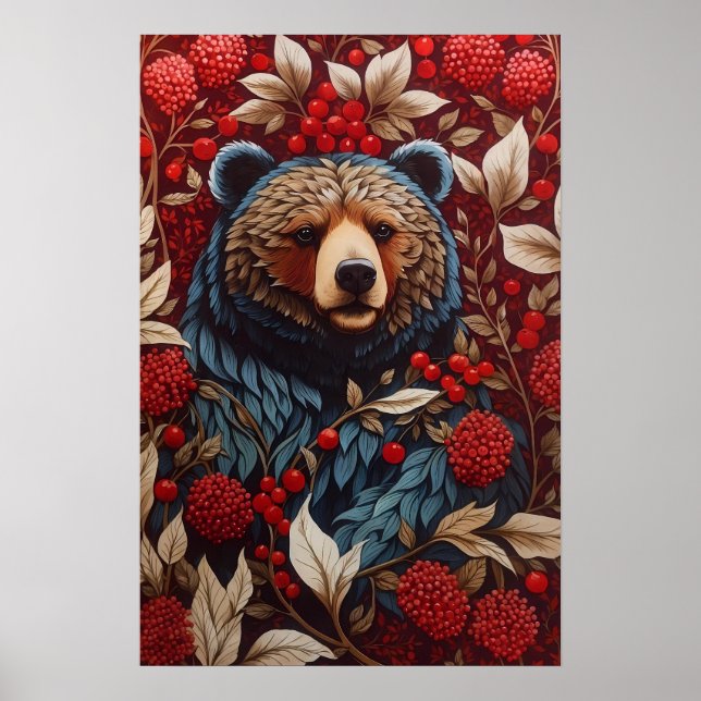 Brown Bear Red Berries William Morris Inspired Poster (Framsidan)