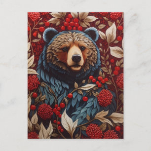 Brown Bear Red Berries William Morris Inspired Vykort