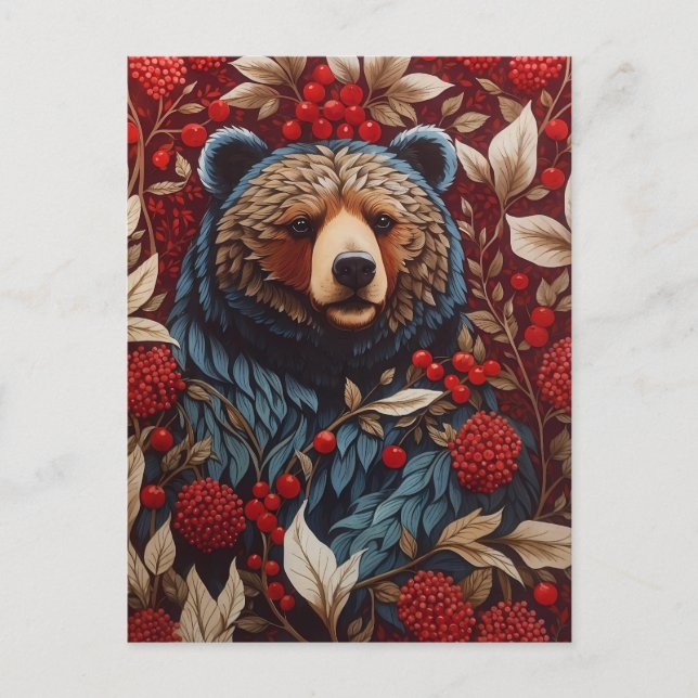 Brown Bear Red Berries William Morris Inspired Vykort (Framsida)