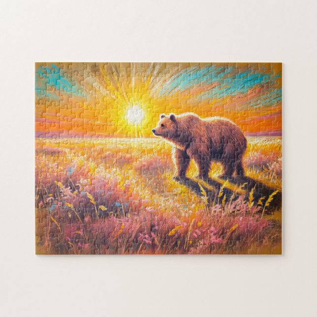 Brown Bear Sunset Pastel Chalk Artwork Pussel (Horisontell)