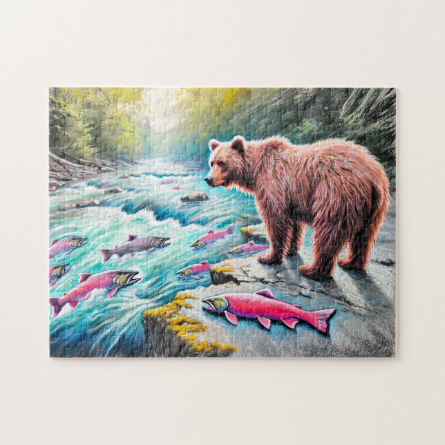 Brown Bear Watching Salmon Pastel Chalk Teckning Pussel (Horisontell)