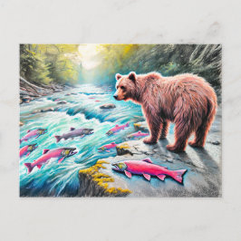 Brown Bear Watching Salmon Pastel Chalk Teckning Vykort