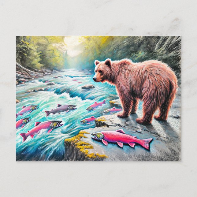 Brown Bear Watching Salmon Pastel Chalk Teckning Vykort (Framsida)