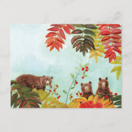 Brown Bears Eating Red Rowan Berries Helg Vykort