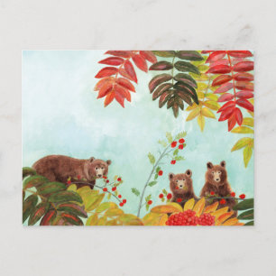 Brown Bears Eating Red Rowan Berries Helg Vykort