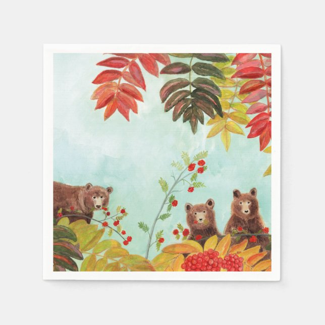 Brown Bears Eating Red Rowan Berries Pappersservett (Framsidan)