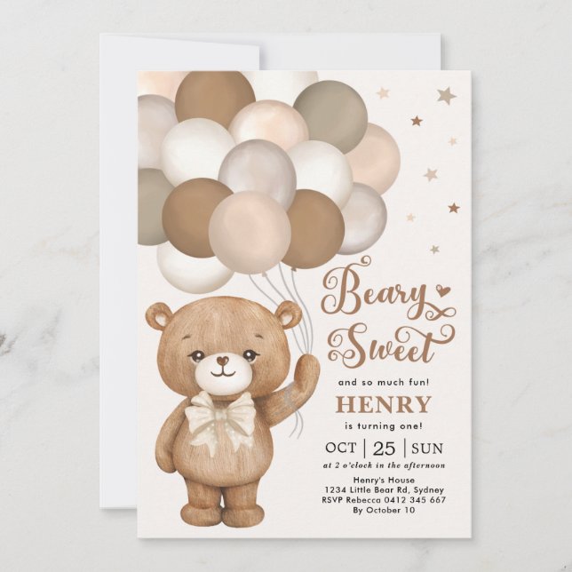 Brown Beary Sweet Nalle Balloons Birthday Inv Inbjudningar (Framsida)