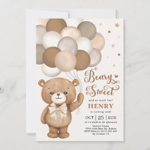 Brown Beary Sweet Nalle Balloons Birthday Inv Inbjudningar