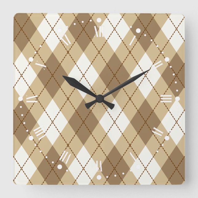 Brown Beige Argyle Mönster Acrylic Wall Clock Fyrkantig Klocka (Framsida)