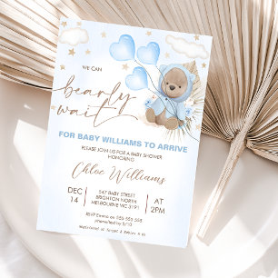 Brown Beige Bear Balloons Stars Baby Shower Inbjudningar