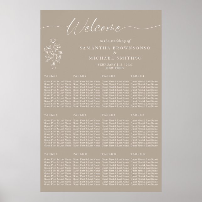 Brown Beige Botanical Floral Welcome Wedding Poster (Framsidan)