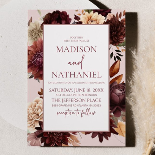 Brown Beige Burgundy Floral Flowers Wedding Inbjudningar (Skapare uppladdad)
