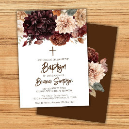 Brown Beige Flowers Blommigt Baptism Inbjudningar