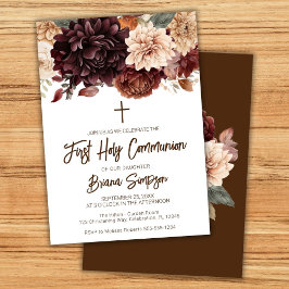 Brown Beige Flowers Blommigt First Heliga Communio Inbjudningar