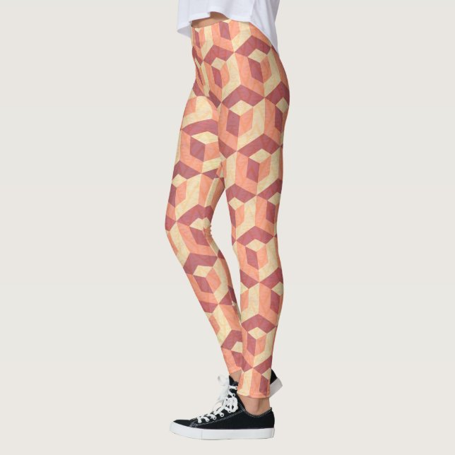 Brown & Beige Geometric Cubes Mönster Leggings (Vänster)
