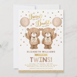 Brown Beige Nalle Balloon Twin Baby Shower Inbjudningar