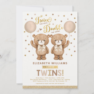 Brown Beige Nalle Balloon Twin Baby Shower Inbjudningar