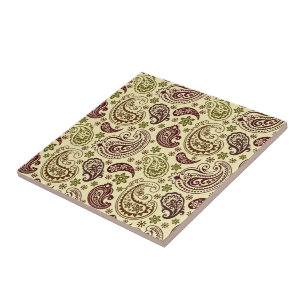 Brown Beige och Pastel Grönt Vintage Paisley Patte Kakelplatta
