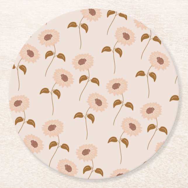 Brown Beige Retro Y2K Hippie Solros Mönster Underlägg Papper Rund (Framsidan)