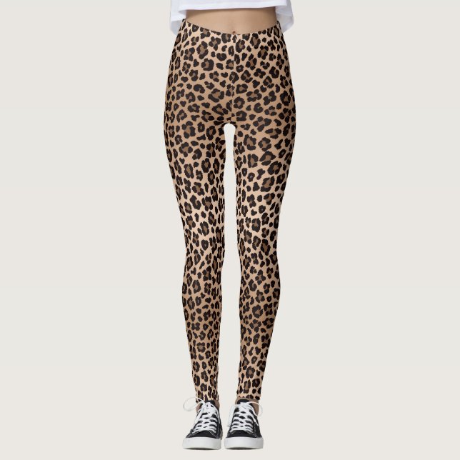 Brown Beige Safari Wild Cat Skin Leopard Pattern Leggings (Framsida)