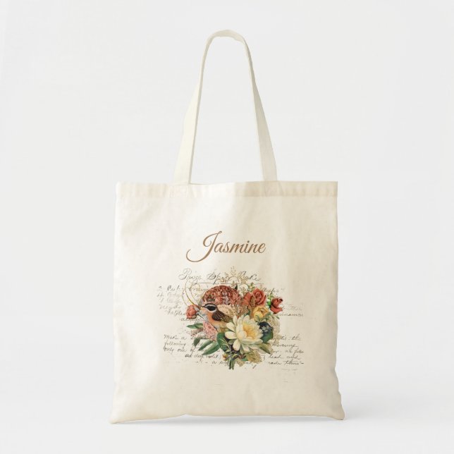 Brown Bird Flowers Namn Tote Bag Tygkasse (Framsidan)