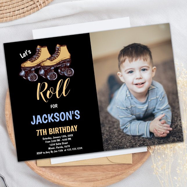 Brown Black Boy Photo Skating Birthday-inbjudninga Inbjudningar (Brown Black Boy Photo Skating Birthday Invitations)