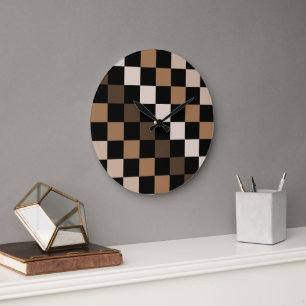 Brown Black Checkered Gingham Mönster Stor Klocka