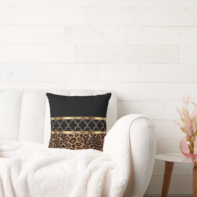Brown, Black & Guld Quatrefoil och Leopard Kudde (Soffa)