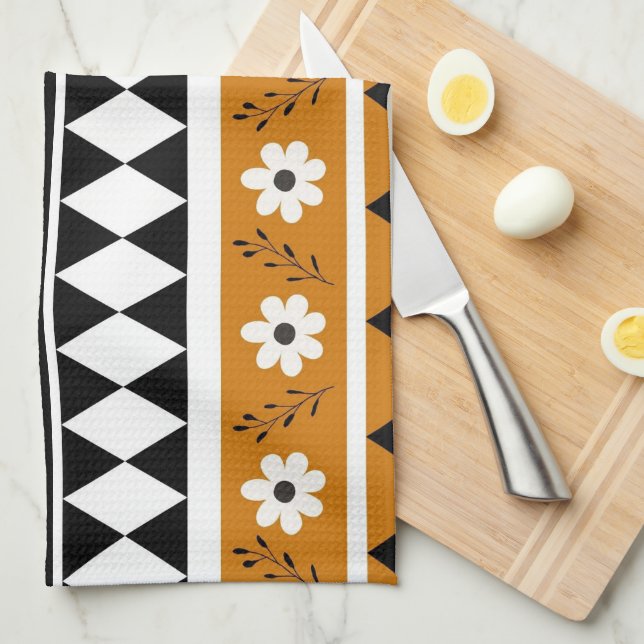 Brown Black Rand Tropical Blommigt Botanical Kökshandduk (Vikt i Fjärdedel)