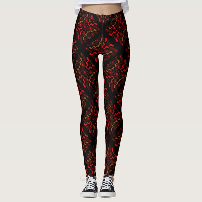 Brown Black Red Ethnic Abstrakt Mönster Leggings (Framsida)