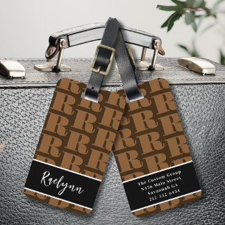 Brown Black White Modern Monogram Initial Brev Bagagebricka