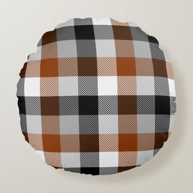 Brown Black White Twill Gingham Design Rund Kudde (Framsidan)