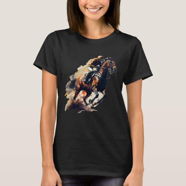 Brown Blaze  Horse and Jockey Racing T Shirt (Framsida)