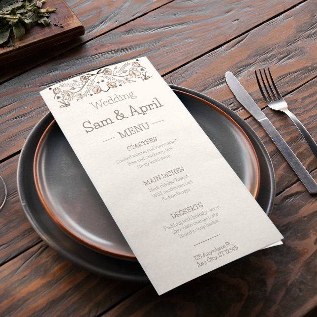Brown Blommigt Bröllop Theme Meny (Let your wedding dinner menu card speak more about your theme)