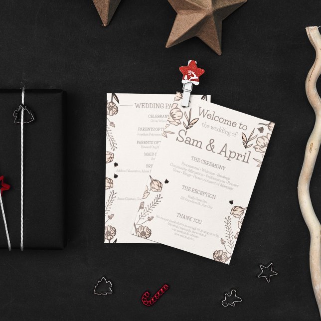 Brown Blommigt Bröllop Theme Program (Wedding ceremony detailed card in your wedding theme)