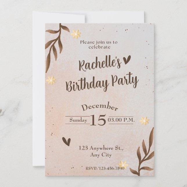 Brown Blommigt Löv Birthday Inbjudningar (Framsida)