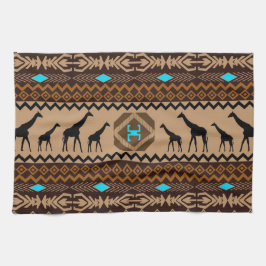 Brown Blue & Beige African Mönster & Giraffe Kökshandduk