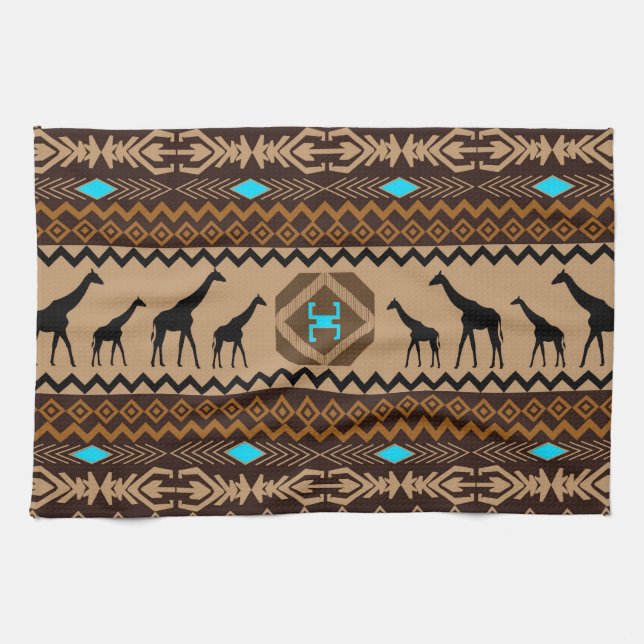 Brown Blue & Beige African Mönster & Giraffe Kökshandduk (Horisontell)
